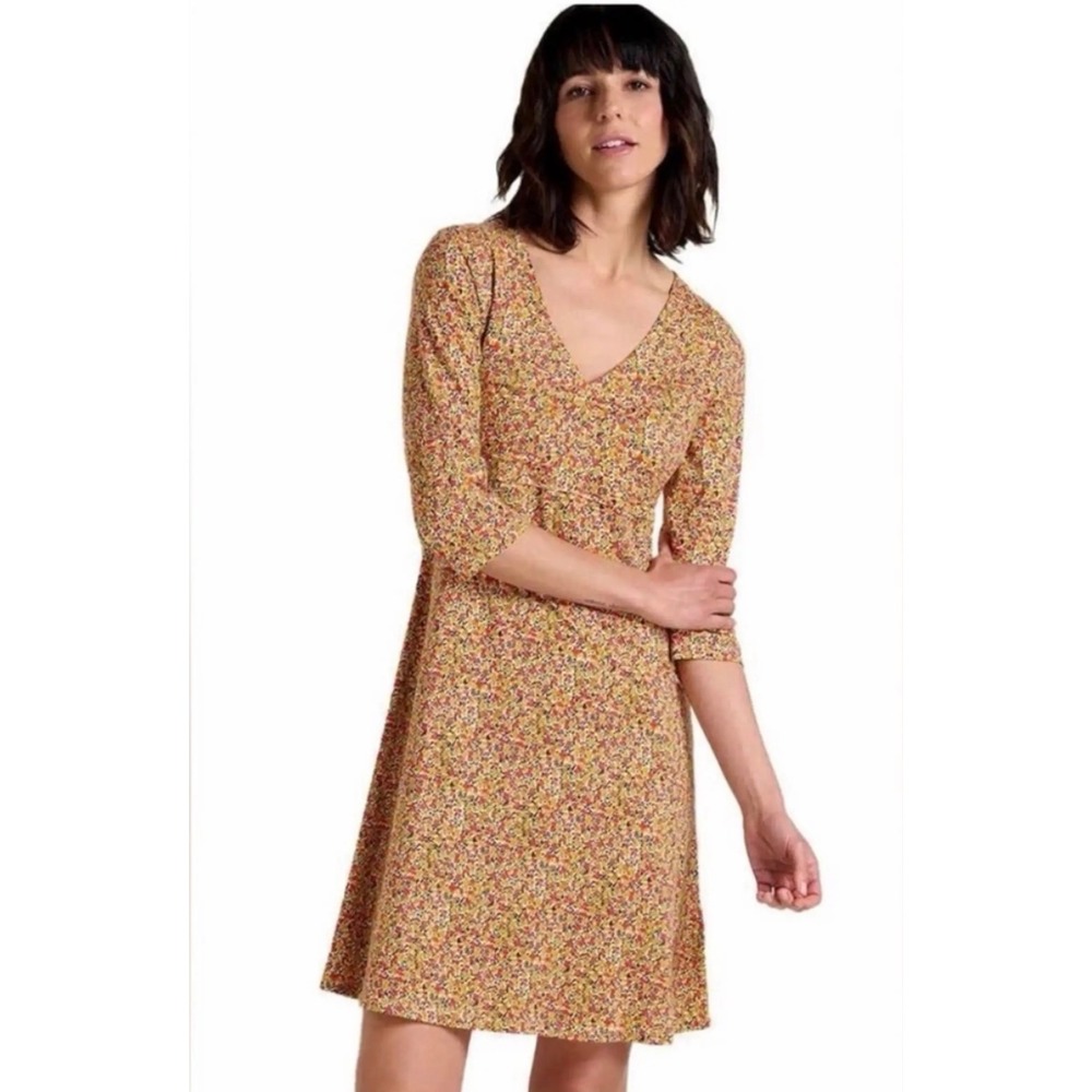 Toad&Co Rosalinda Dress Medium Floral V-Neck 3/4 Sleeve A-Line Orange